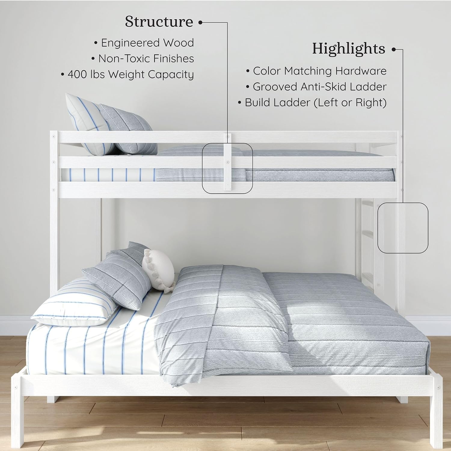 Grain & Grove Bear Twin XL Over Queen Bunk Bed, Sturdy Bunk Bed Frame for Kids, Plywood Bunk with Ladder, Guardrail, and Slats, No Box Spring Required, Brushed White