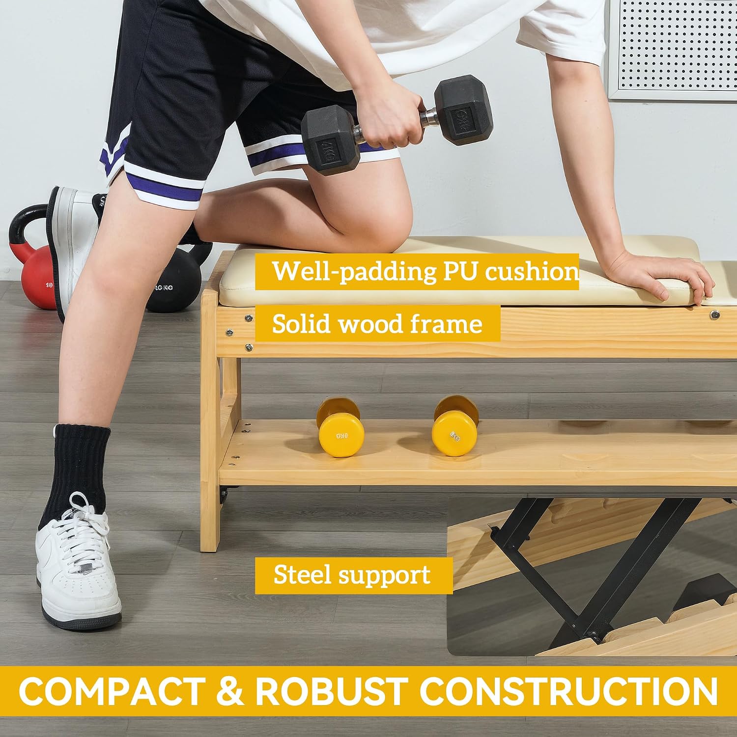 Soozier Adjustable Weight Bench with Dumbbell Rack, Wooden Workout Bench, Flat or Incline Bench for Home Gym Weight Lifting Training