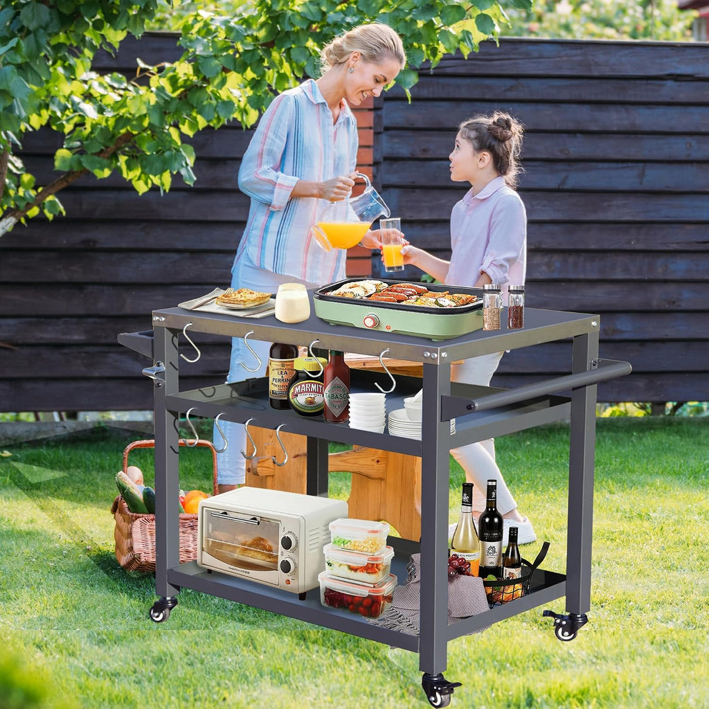 Domi 3-Shelf Outdoor Grill Table, Grill Cart Outdoor with Wheels, Pizza Oven and Food Prep Table, Blackstone with Stainless Steel Tabletop, BBQ Stand for Blackstone Griddle for Outside BBQ