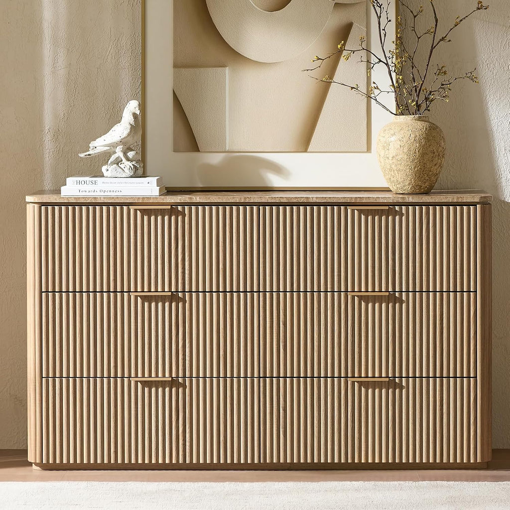 Dresser for Bedroom with 6 Drawers, 54'W Chest of Drawers, Fluted Dresser with Faux Marble Top, Curved Profile Design, Metal Handle, Wood Closet Storage Organizer for Living Room, Hallway, Natural Oak