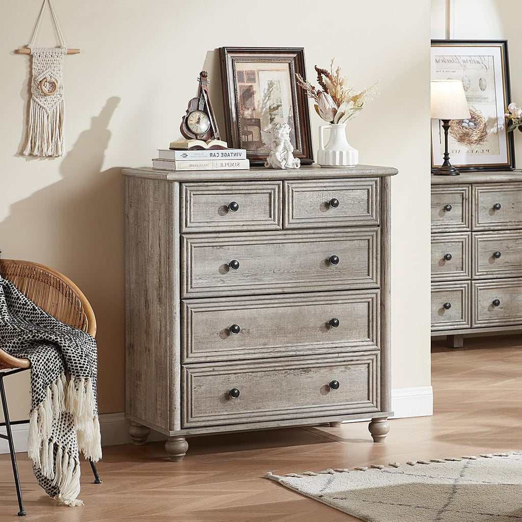 RWYHG Farmhouse 5 Drawer Dresser for Bedroom, 35.5' Tall Small Dressers & Chest of Drawers, Rustic Wood Dresser with Roman Column, Storage Organizer for Living Room, Hallway, Closet (Grey)