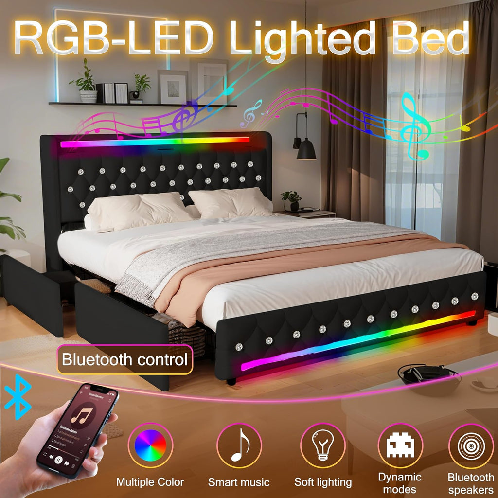 Juego 5-in-1 Full Size Bed Frame with Bluetooth Speakers,Velvet Upholstered Platform Bed with Headboard,Charging Station,LED Lighting,4 Drawers Storage,Wooden Slats Support,No Box Spring Needed,Black