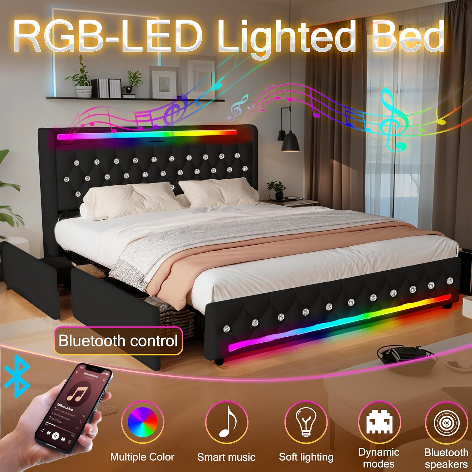 Juego 5-in-1 Full Size Bed Frame with Bluetooth Speakers,Velvet Upholstered Platform Bed with Headboard,Charging Station,LED Lighting,4 Drawers Storage,Wooden Slats Support,No Box Spring Needed,Black
