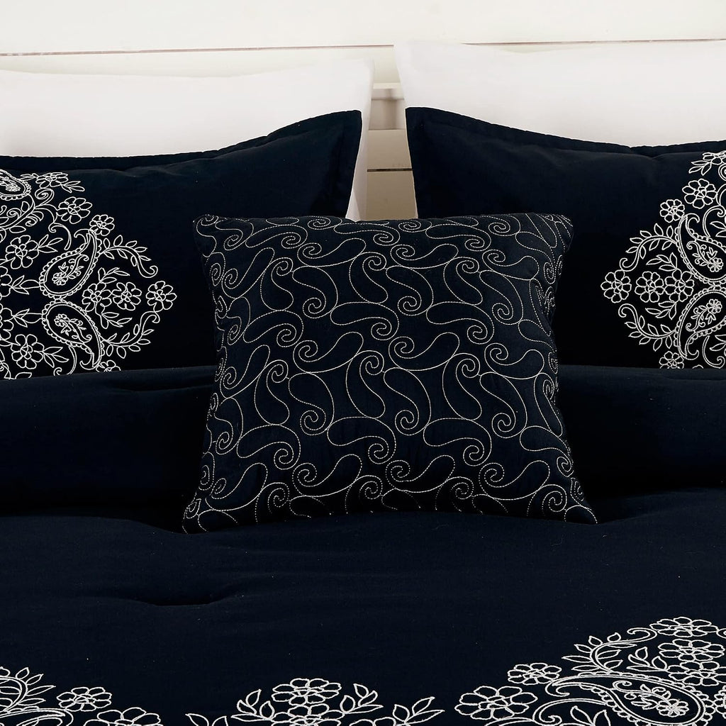 Chezmoi Collection Linz 7-Piece Black/White Paisley Floral Scroll Embroidered Comforter Set, King