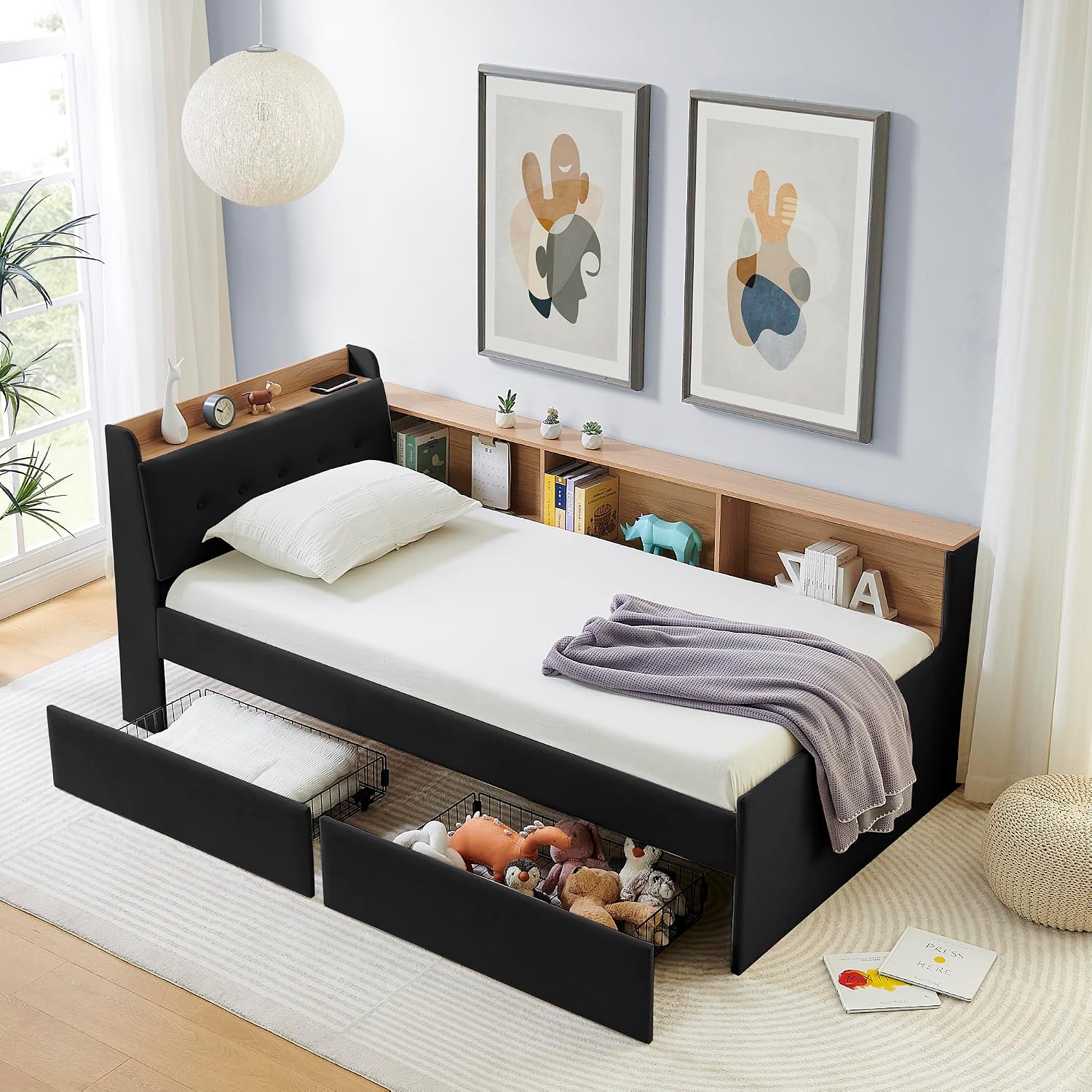 Corner Bed with Desk and Bookcase, LED Lights & USB Ports, Modern Twin Daybed with Storage Underneath Drawers, Soft Velvet Upholstered Day Bed Kids Bedroom Furniture Set Small Places (Black, Twin)