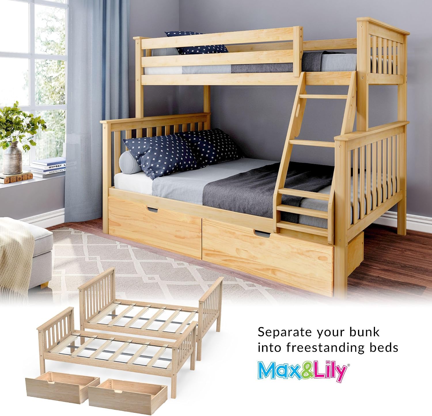 Max & Lily Classic Twin Over Full Bunk Bed, with Storage Drawers, Natural