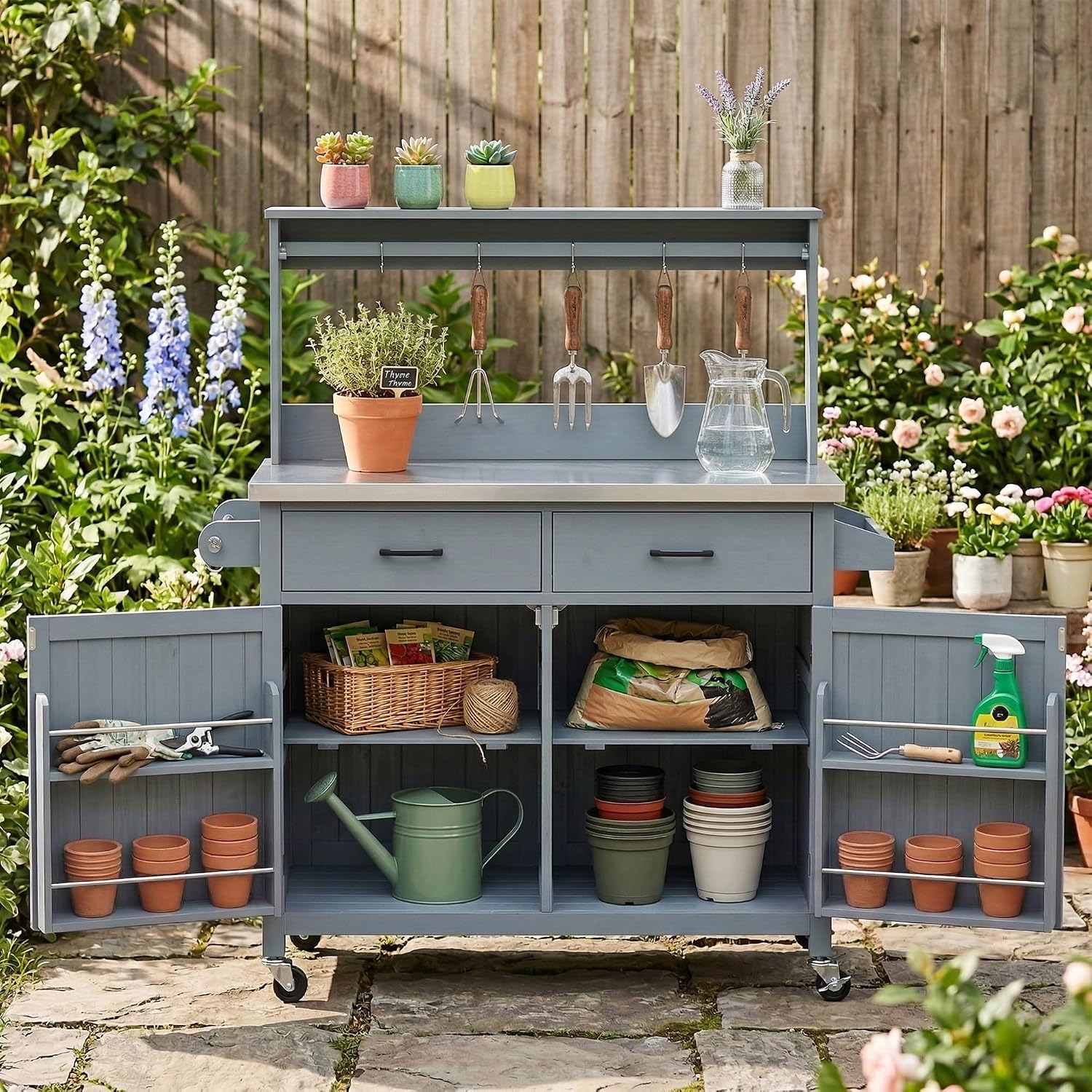 54.1' Outdoor Kitchen Island with High Shelf – Large Potting Bench Table Featuring Stainless Steel Top, Solid Wood Grill Cart, Lockable Wheels & Smart Storage for BBQ, Garden(Grey Blue)