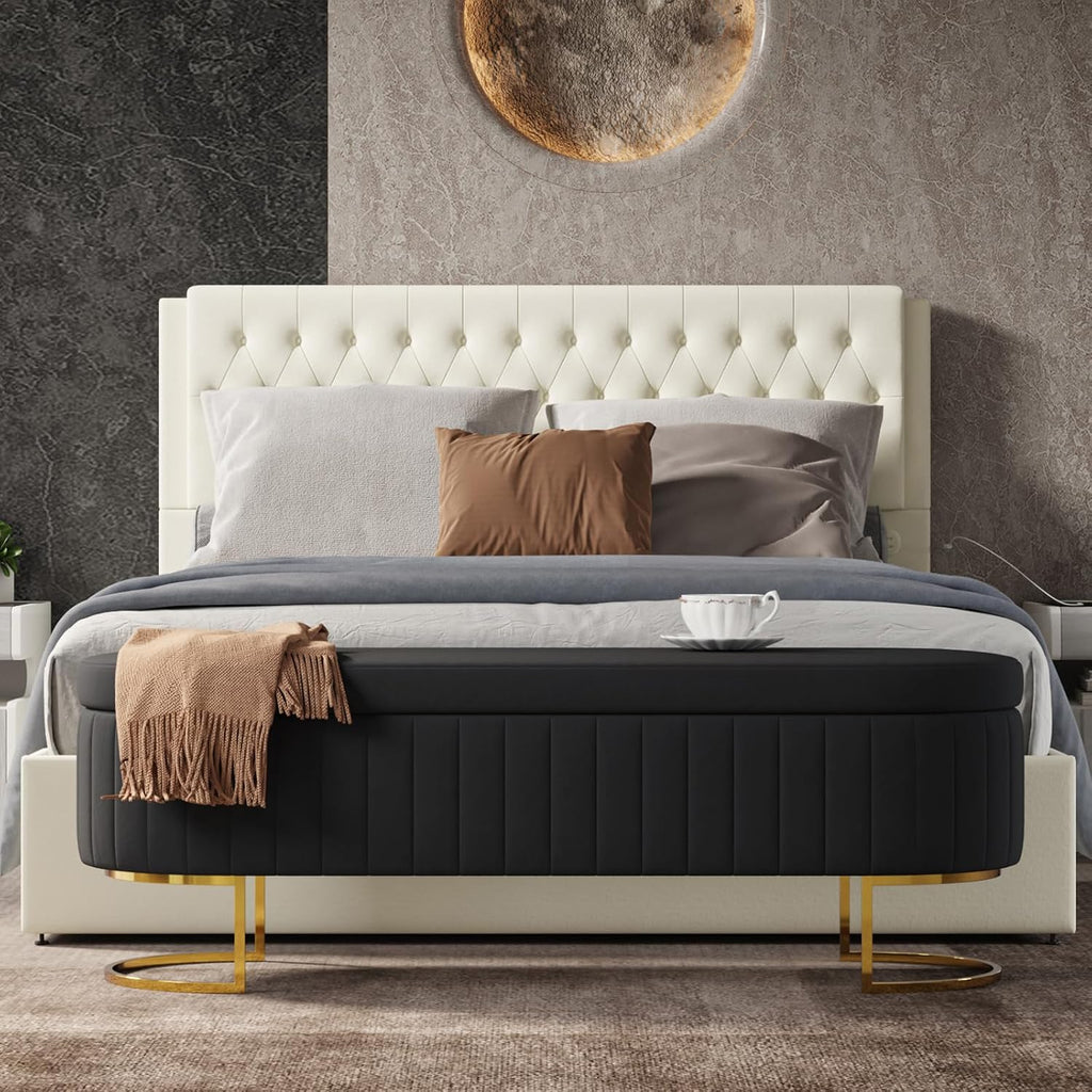 EcoHarbor Living 55.5' Storage Bench Ottoman End of Bed Bench Bedroom Bench, Upholstered Velvet Long Window Bench Large King Size with Gold Legs, Flipping Lid Entryway Footrest (Black)