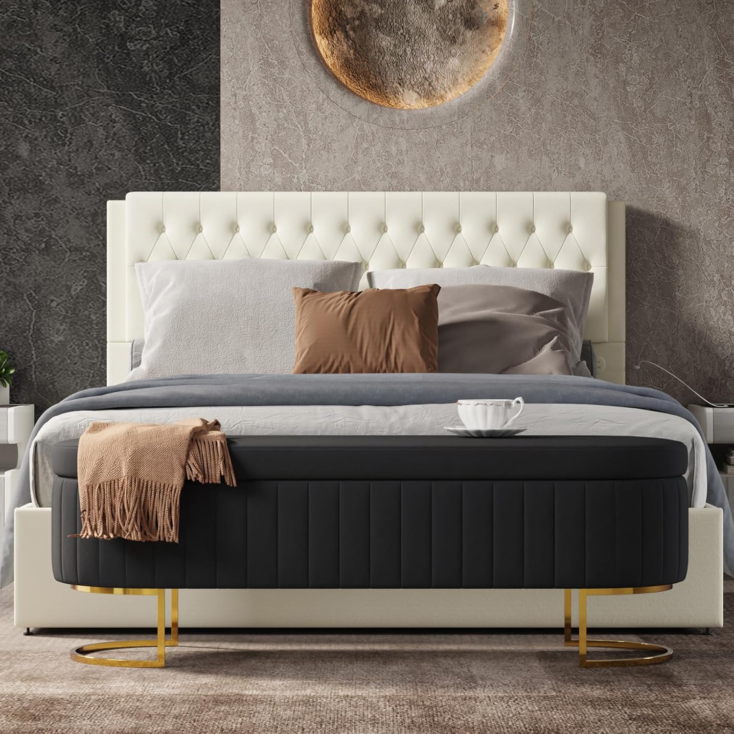 EcoHarbor Living 55.5' Storage Bench Ottoman End of Bed Bench Bedroom Bench, Upholstered Velvet Long Window Bench Large King Size with Gold Legs, Flipping Lid Entryway Footrest (Black)