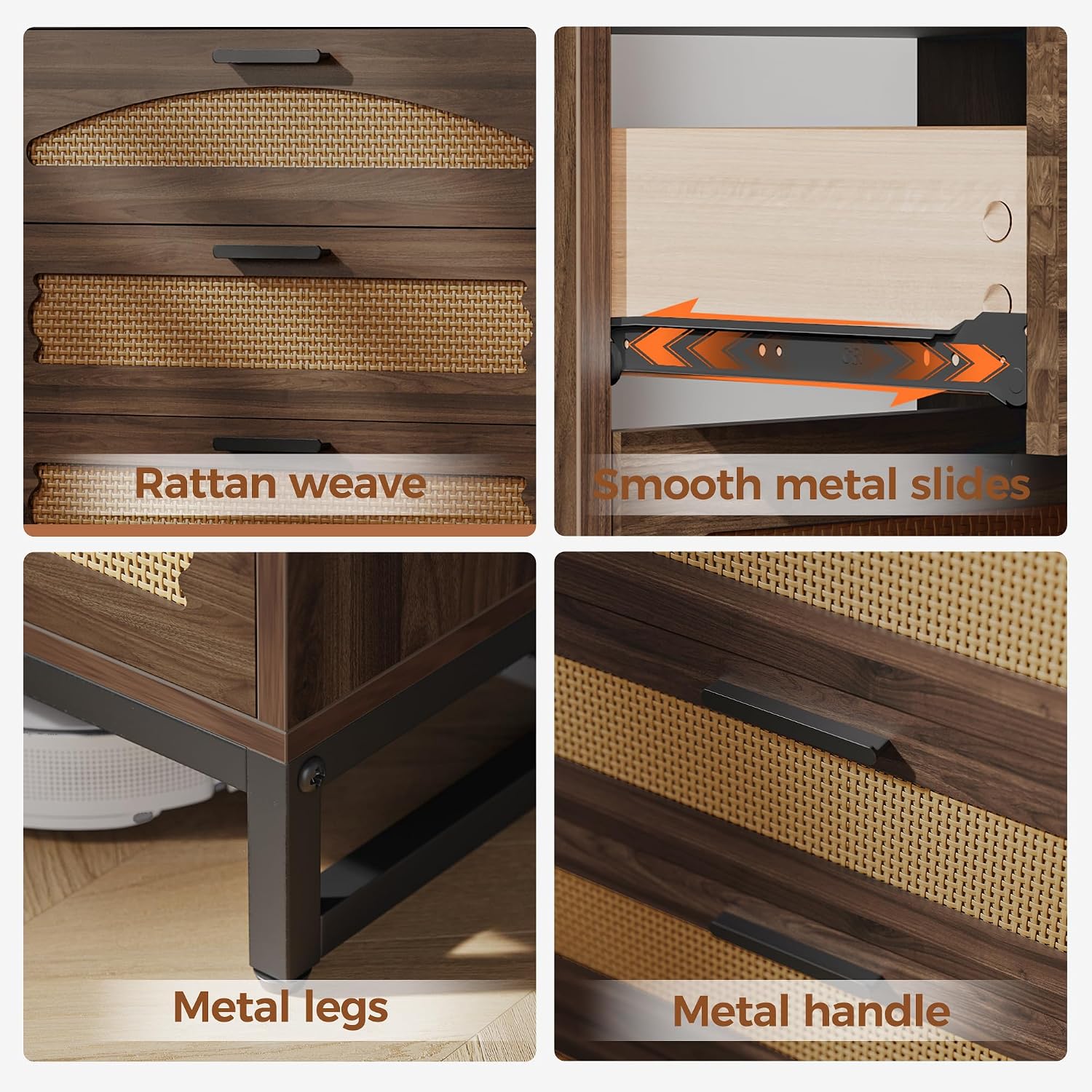 Mericonia 6 Drawer Double Dresser for Bedroom, Rattan Chest of Drawers, Modern Wooden Dresser Chest with Metal Frame for Bedroom, Living Room, Hallway and Entryway, Walnut