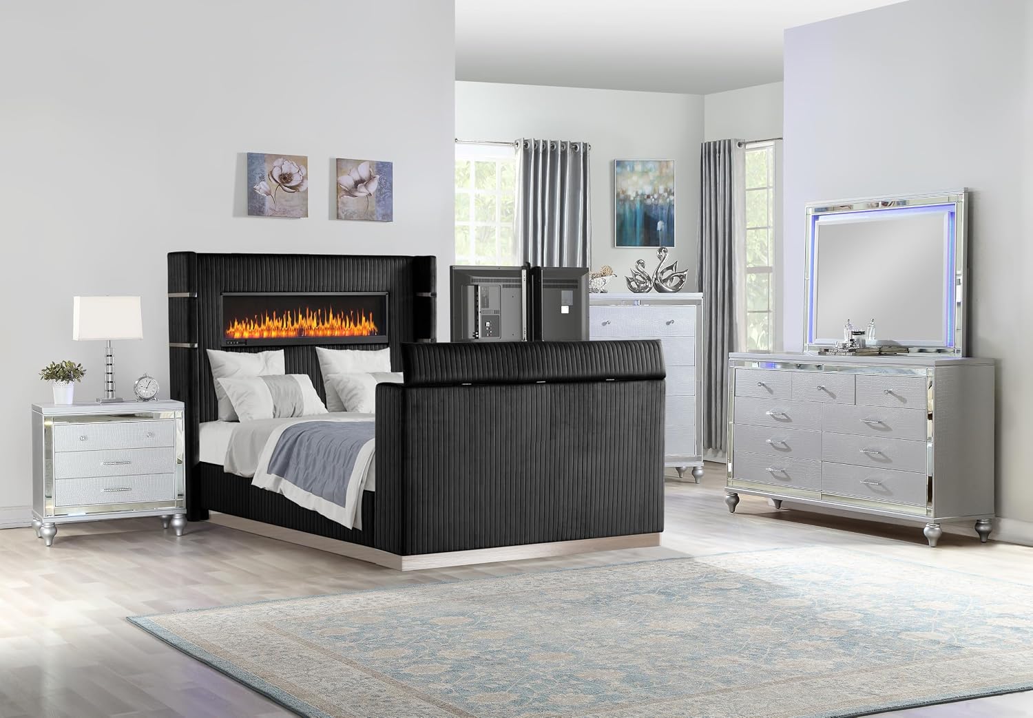 Lavish Modern Style 5 Pc King Bedroom Set Made with Fireplace in Headboard TV Stand in Footboard with Wood in Black