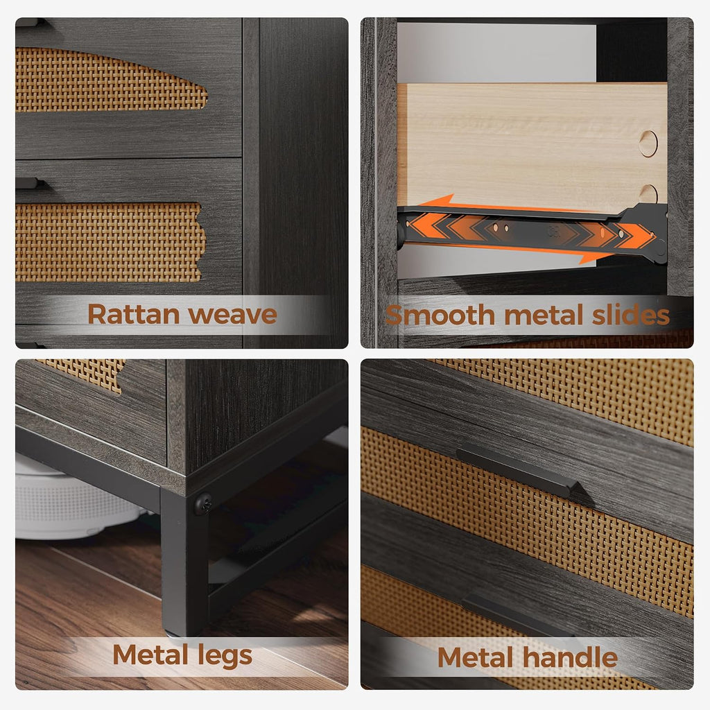 Mericonia 5 Drawer Rattan Dresser for Bedroom, Wood Tall Dresser for Closet with Metal Handles, Boho Nightstand Sets, Dressers & Chests of Drawers for Bedroom, Hallway and Entryway, Black