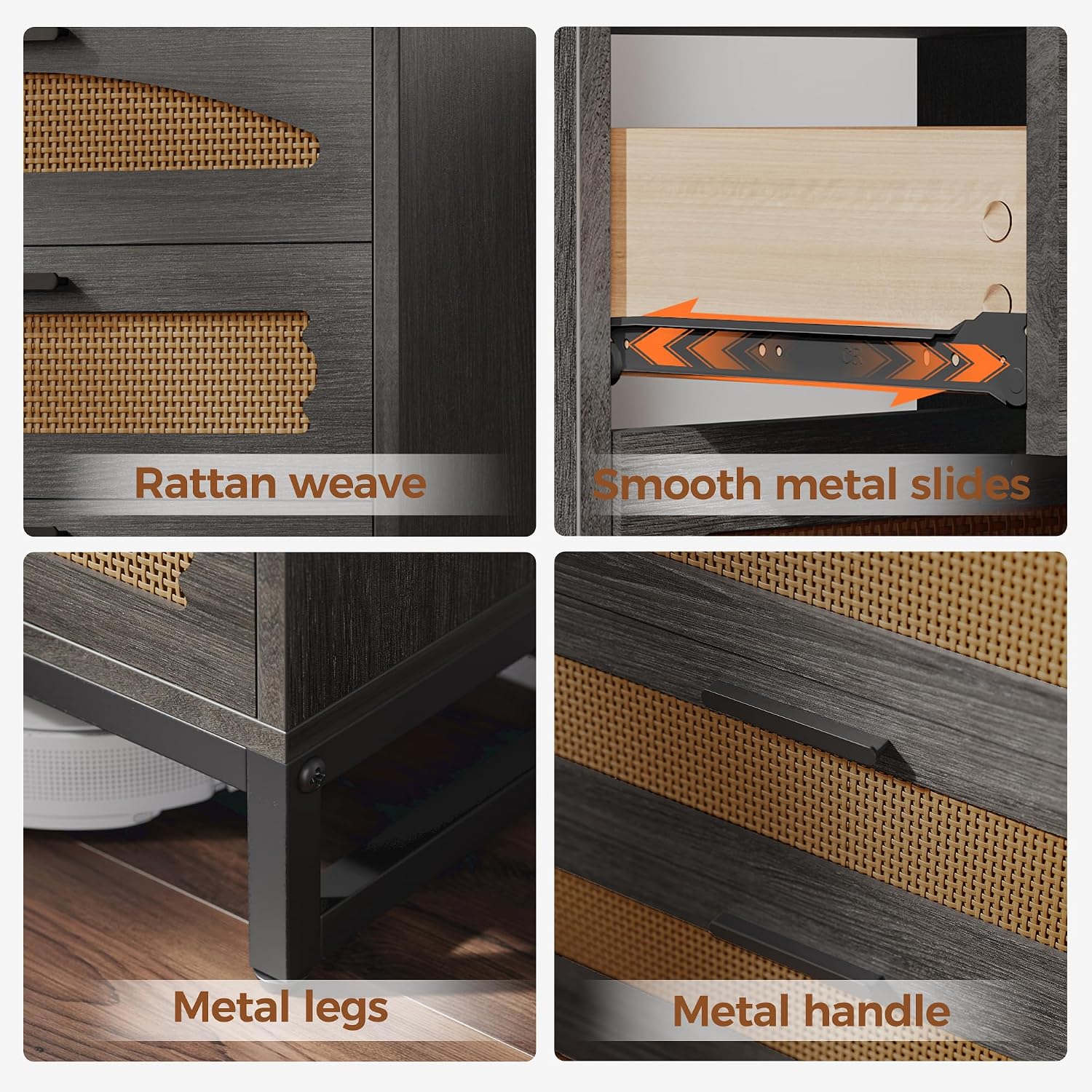 Mericonia 5 Drawer Rattan Dresser for Bedroom, Wood Tall Dresser for Closet with Metal Handles, Boho Nightstand Sets, Dressers & Chests of Drawers for Bedroom, Hallway and Entryway, Black