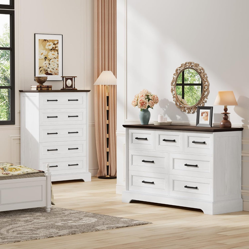 Furmax Farmhouse Dresser for Bedroom, 7 Drawers Dresser, Wood Chest of Drawers, 47.5' Wide Storage Dressers Organizer for Bedroom, Living Room, White and Brown
