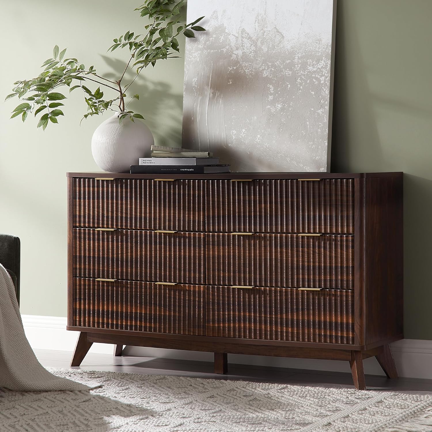 T4TREAM Fluted 6 Drawers Dresser, 54' Wide Modern Chest of Drawers, Curved Profile Design, Dresser TV Stand, Wood Drawer Organizer for Bedroom, Living Room, Hallway, Dark Walnut