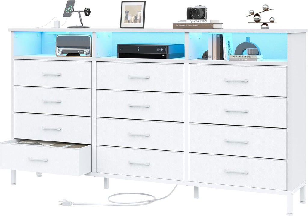Dresser for Bedroom White Bedroom Dresser with LED Lights and Charging Station, 12 Long Fabric Drawers Dressers, Vertical Chest of Drawers Storage Organizer TV Stand for up to 65' TV for Living Room