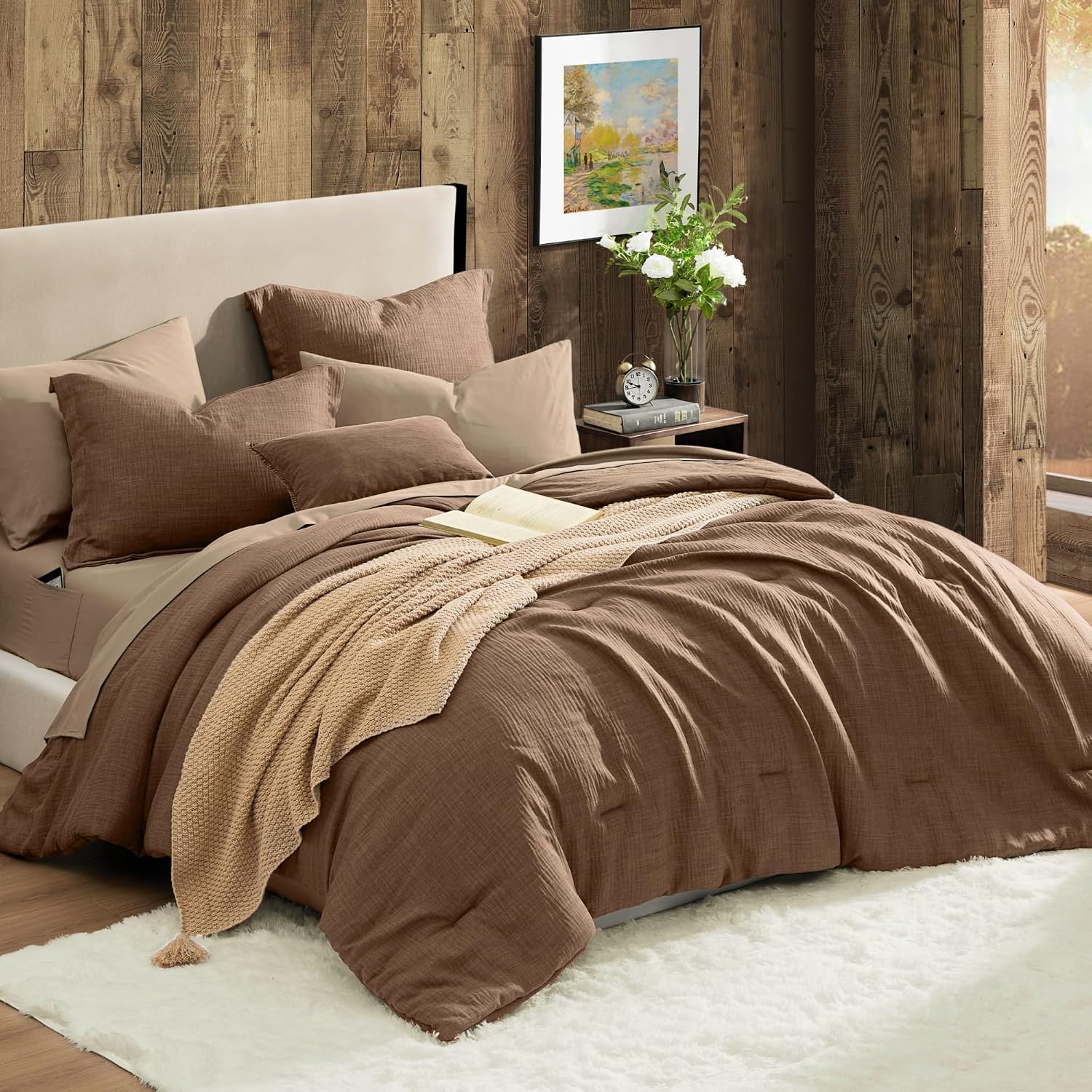 Geniospin Oversized King Comforter Sets - 7 Pieces Brown Oversized King Bedding Set, Solid Bed Set for All Season, Textured Bed in a Bag with Flat Sheet and Fitted Sheet, Pillowcases and Shams
