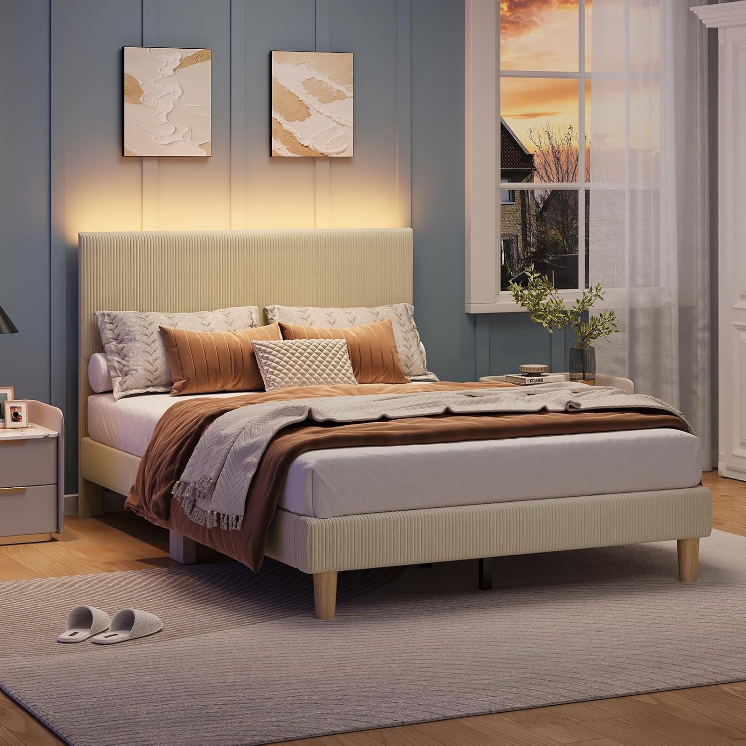 Bestier Full Size Bed Frame with Adjustable Headboard,LED Lighting,Vertical Channel Tufted Corduroy Upholstered, Solid Wooden Slats Support,No Box Spring Needed,Never Squeaks,Easy Assembly, Taupe