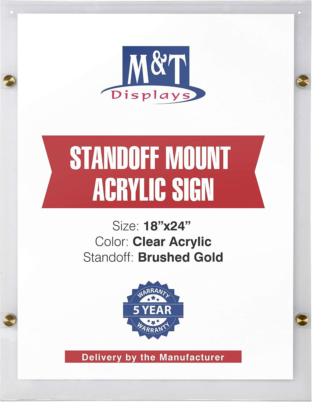 M&T Displays Wall Mount Floating Clear Acrylic Frameless Picture Frame with Brushed Gold Standoff Hardware and Magnets for 18x24 inch Sign Poster Photo Document Certificate Diploma or Display