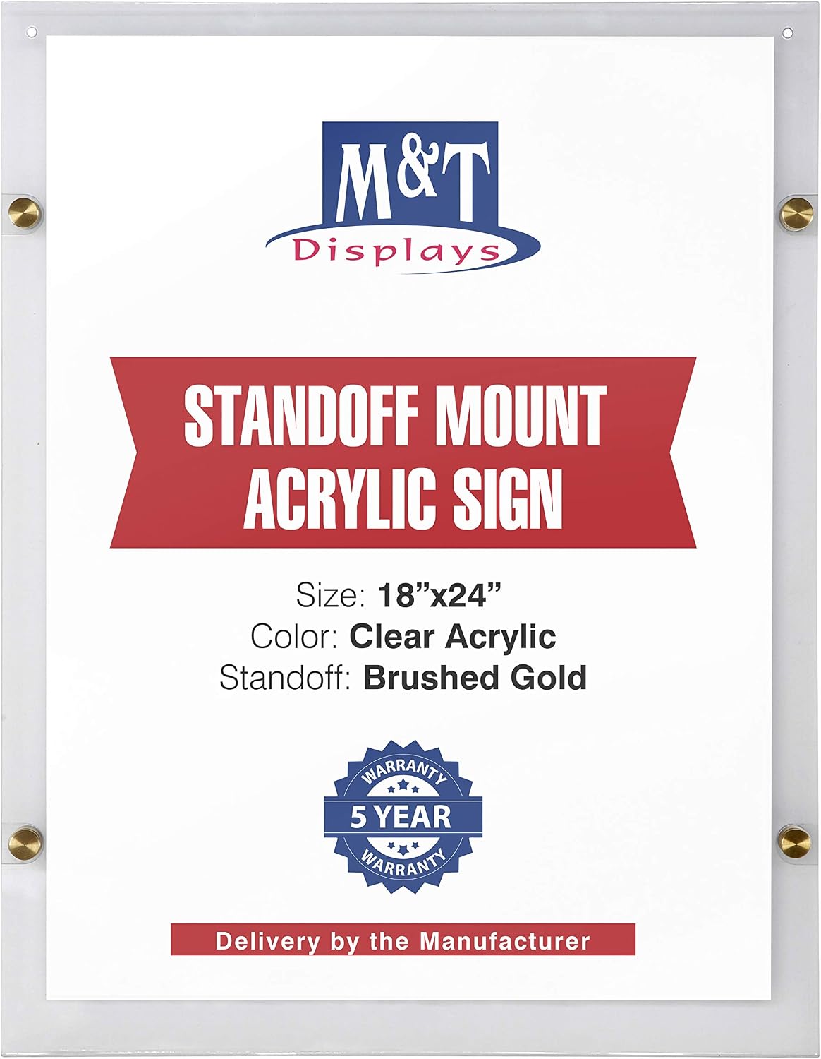 M&T Displays Wall Mount Floating Clear Acrylic Frameless Picture Frame with Brushed Gold Standoff Hardware and Magnets for 18x24 inch Sign Poster Photo Document Certificate Diploma or Display