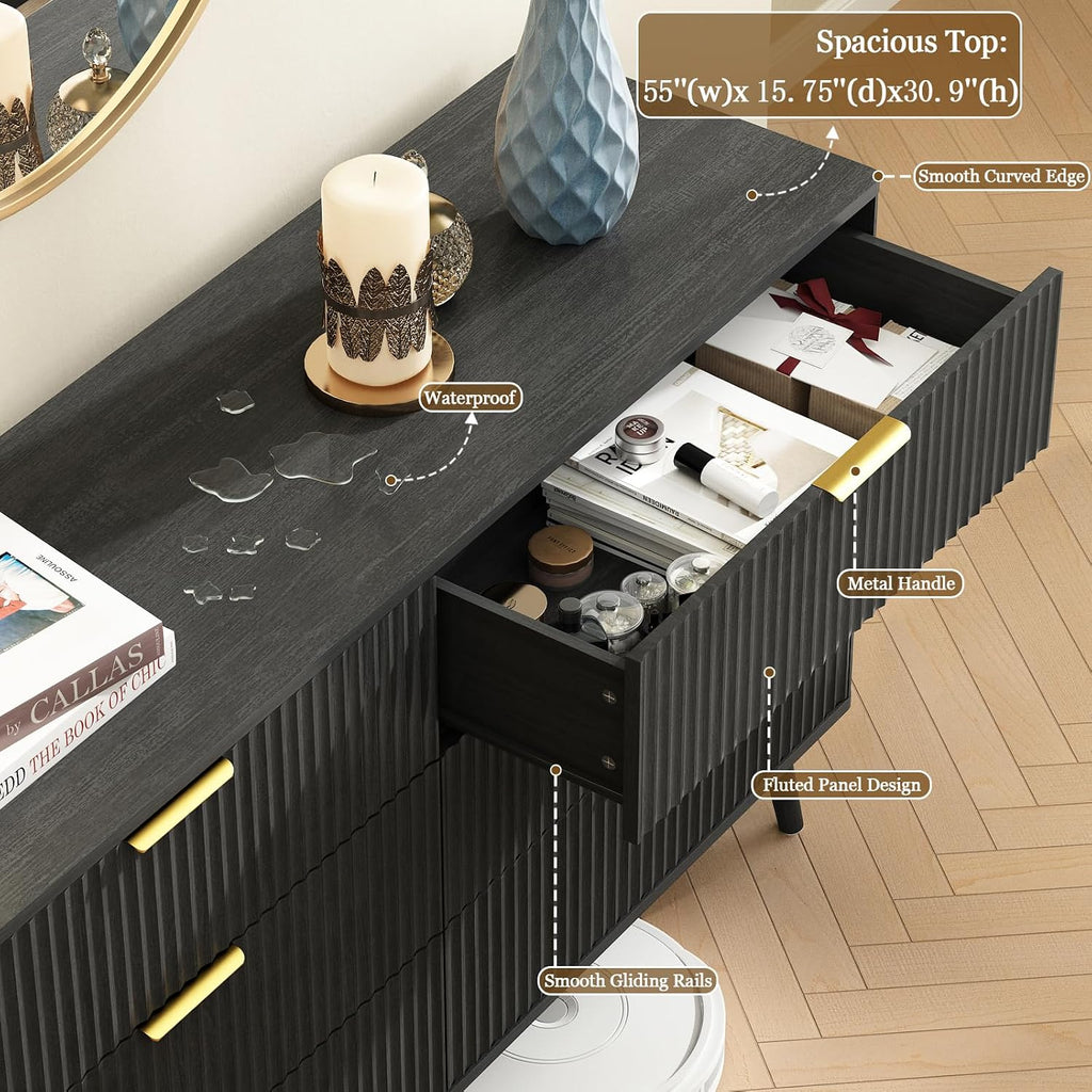 CARPETNAL Fluted 6 Drawer Dresser for Bedroom, 55' Wide Wooden Chest of Drawers with Rounded Corners, Gold Handles, Modern Storage Organizer for Bedroom, Hallway(Black)
