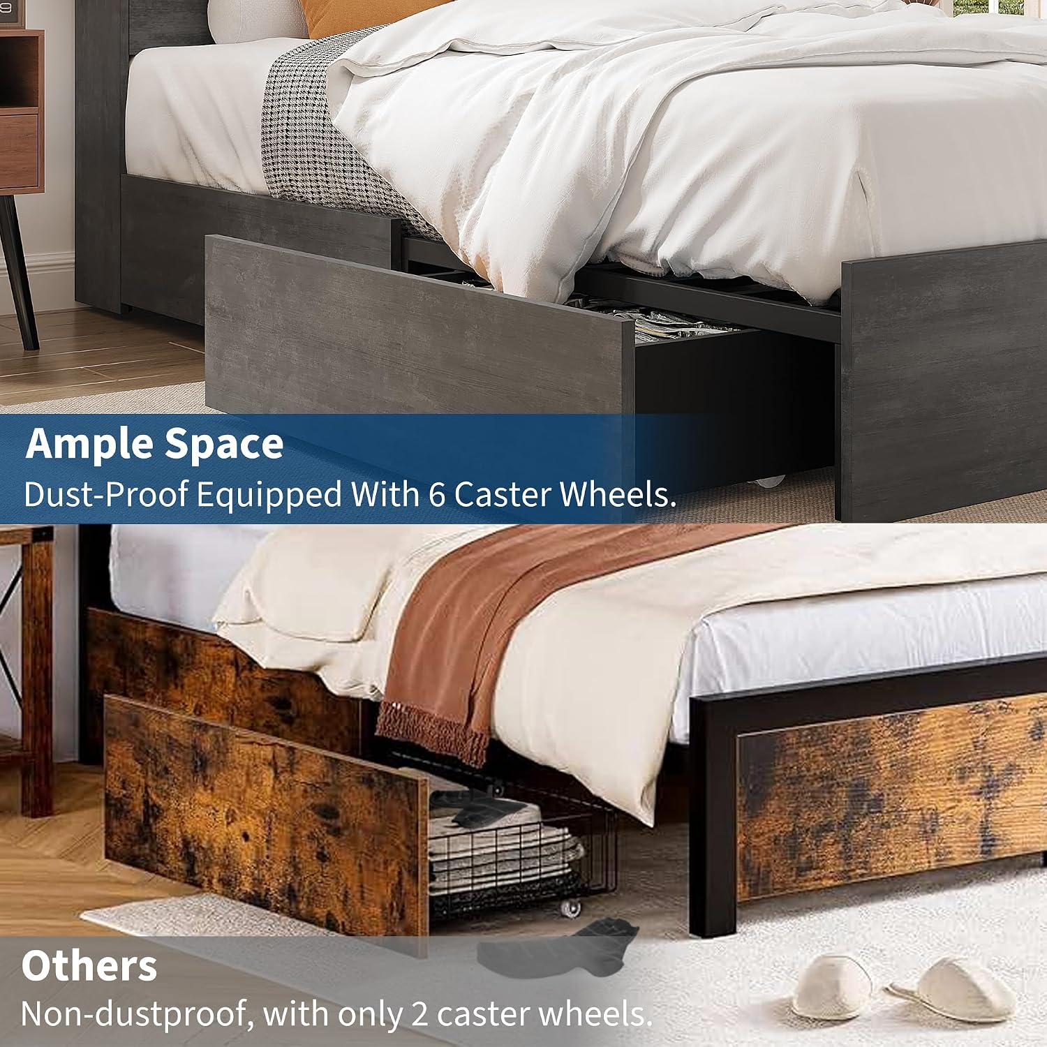 GarveeHome Full Size Bed Frame with High Storage Bookcase Headboard, Wood Bed Frame with 4 Storage Drawers, Built in Charging Station, No Box Spring Needed, Metal Frame, Noise-Free, Ink