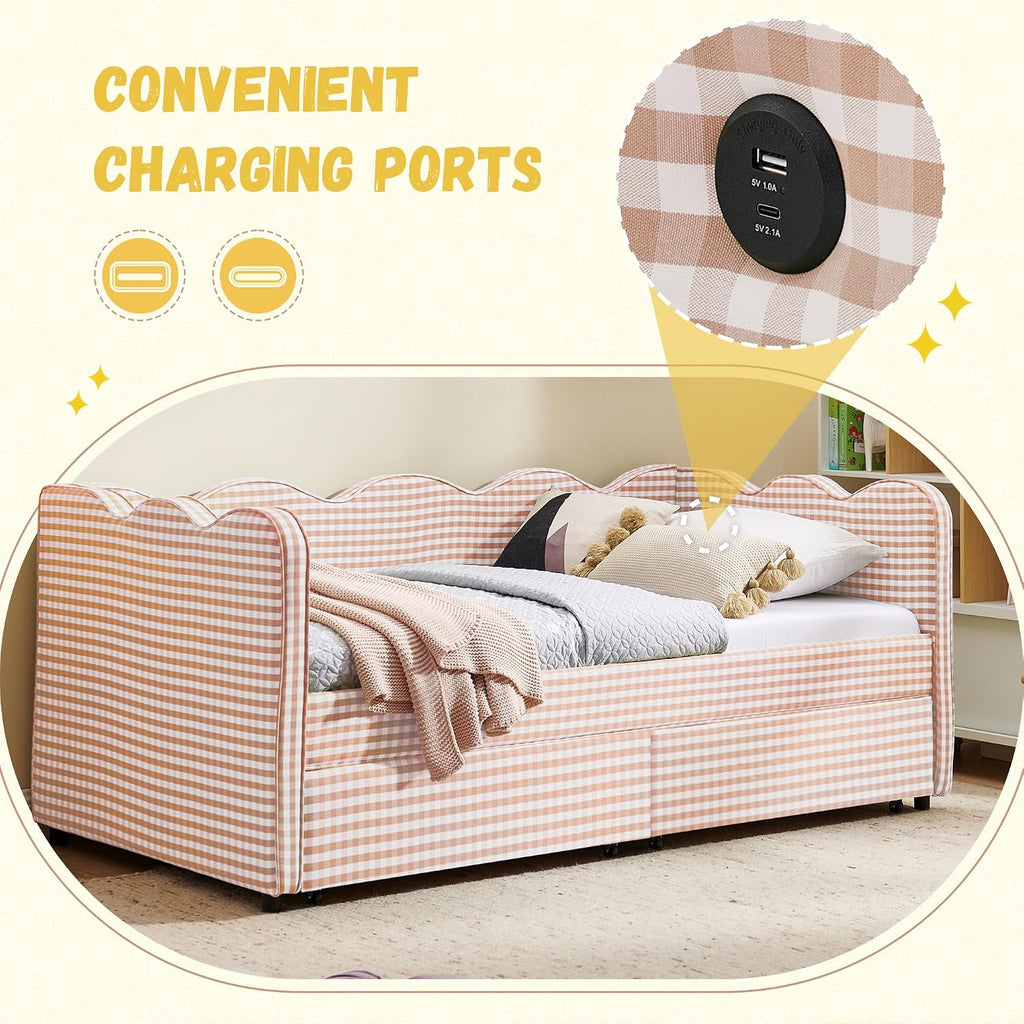 DEINPPA Twin Size Upholstered Daybed with 2 Storage Drawers, Gingham Daybed with USB Ports for Bedroom Living Room Guest Room-Pink
