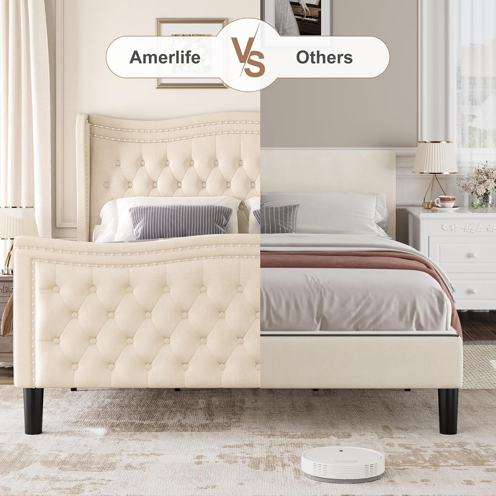 Full Bed Frame with Tall Headboard & Footboard, Velvet Upholstered Platform Bed Frame with Deep Button Tufted Wingback, No Box Spring Needed, Noise Free, Beige