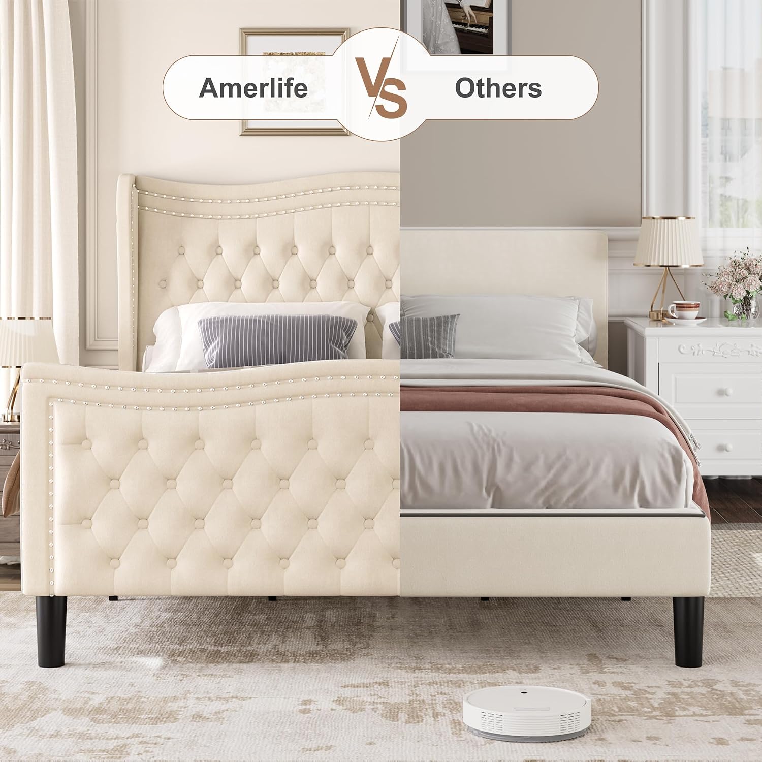 Full Bed Frame with Tall Headboard & Footboard, Velvet Upholstered Platform Bed Frame with Deep Button Tufted Wingback, No Box Spring Needed, Noise Free, Beige