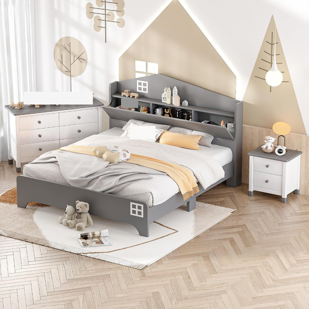3-Pieces Bedroom Sets Full Size House Bed with Storage Headboard, Wooden Nightstand and Storage Dresser,Bed Frame