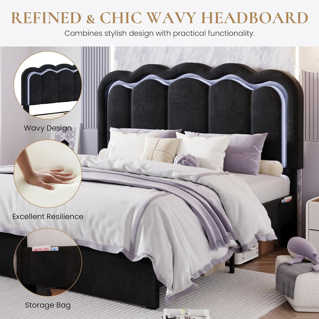 SHA CERLIN Upholstered Full Size Bed Frame with LED Lights and Large Storage Drawer, Velvet Platform Bed with Adjustable Wavy Headboard, Noise Free, Easy Assembly, No Box Spring Needed, Soft Black