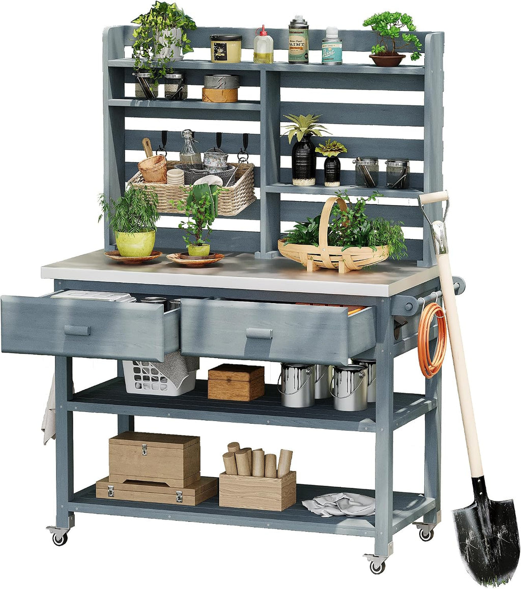 LUMISOL Outdoor Solid Wood Potting Bench Table with Upper Hutch, 64.9' H Outdoor Kitchen Island with Lockable Wheels & Stainless Steel Top, Grill Cart & Storage Cabinet with Towel Rack, Grey Blue