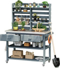 LUMISOL Outdoor Solid Wood Potting Bench Table with Upper Hutch, 64.9' H Outdoor Kitchen Island with Lockable Wheels & Stainless Steel Top, Grill Cart & Storage Cabinet with Towel Rack, Grey Blue