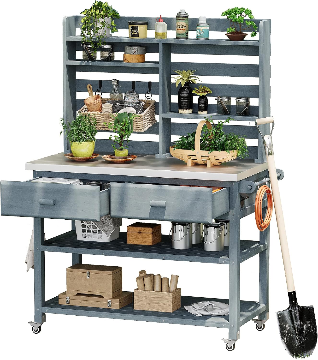 LUMISOL Outdoor Solid Wood Potting Bench Table with Upper Hutch, 64.9' H Outdoor Kitchen Island with Lockable Wheels & Stainless Steel Top, Grill Cart & Storage Cabinet with Towel Rack, Grey Blue