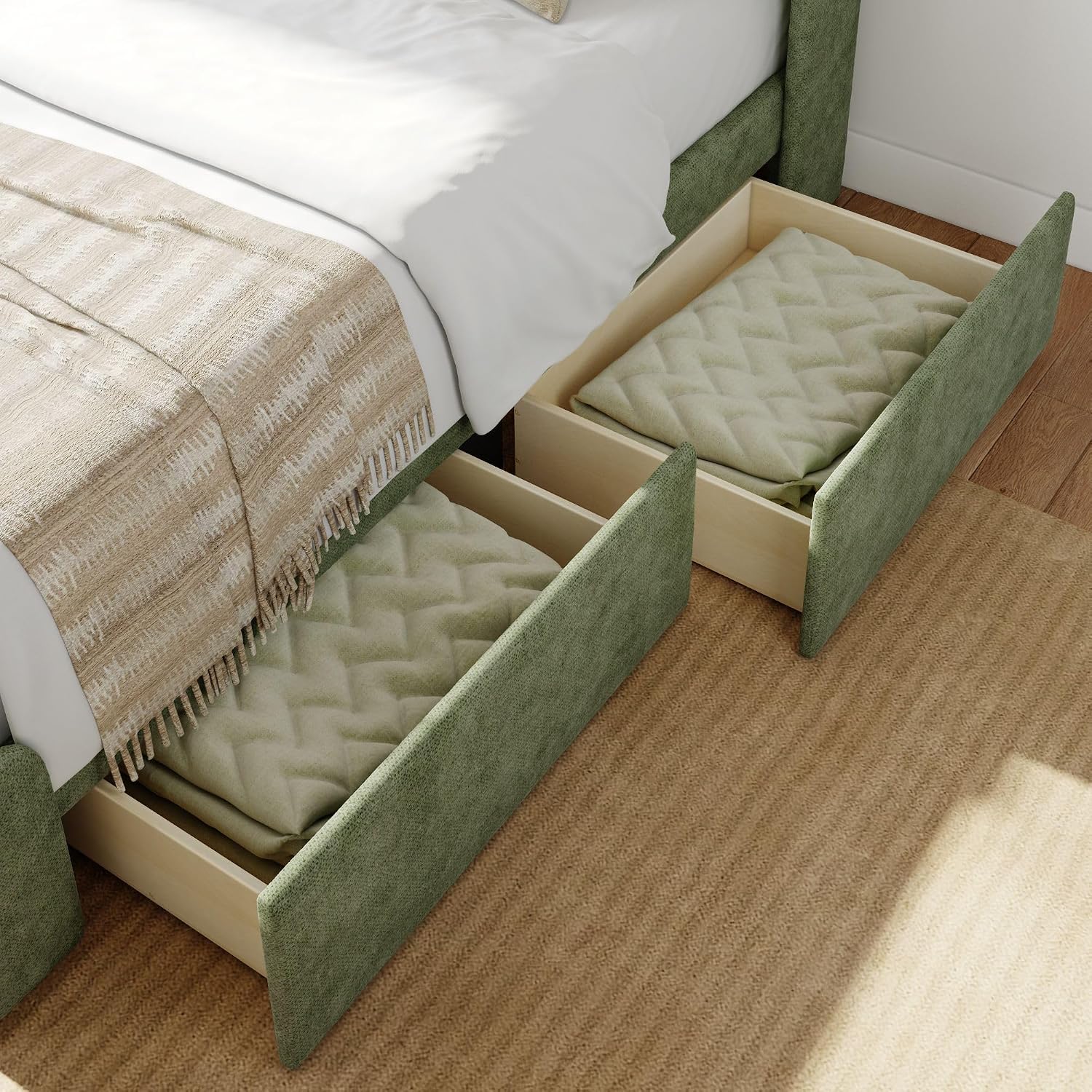 Plank+Beam Upholstered Twin Bed Frame with Rectangular Headboard and Two Storage Drawers, Upholstered Platform Bed, No Box Spring Needed, Easy Assembly, Green
