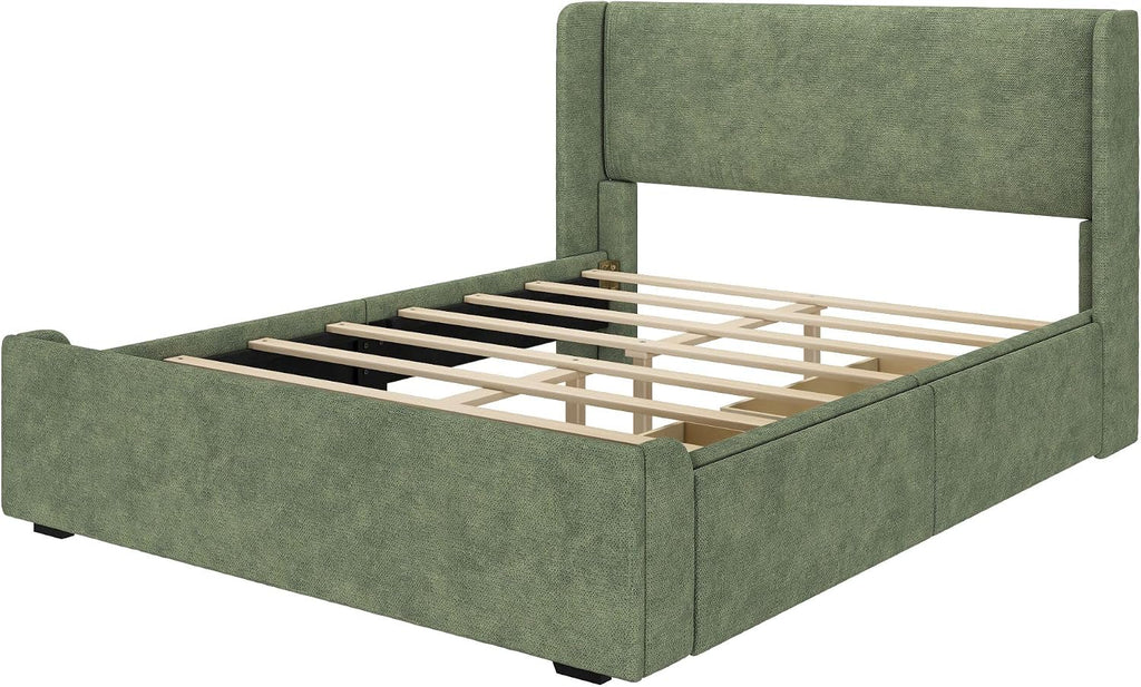 Plank+Beam Upholstered Full Bed Frame with Rectangular Headboard and Two Storage Drawers, Upholstered Platform Bed, No Box Spring Needed, Easy Assembly, Green