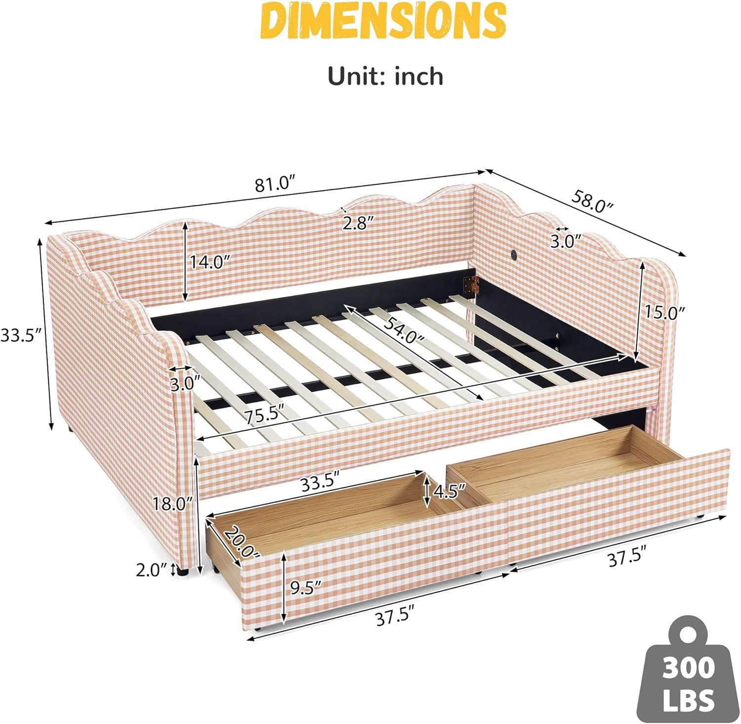 DEINPPA Full Size Upholstered Daybed with 2 Storage Drawers, Gingham Daybed with USB Ports for Bedroom Living Room Guest Room-Pink