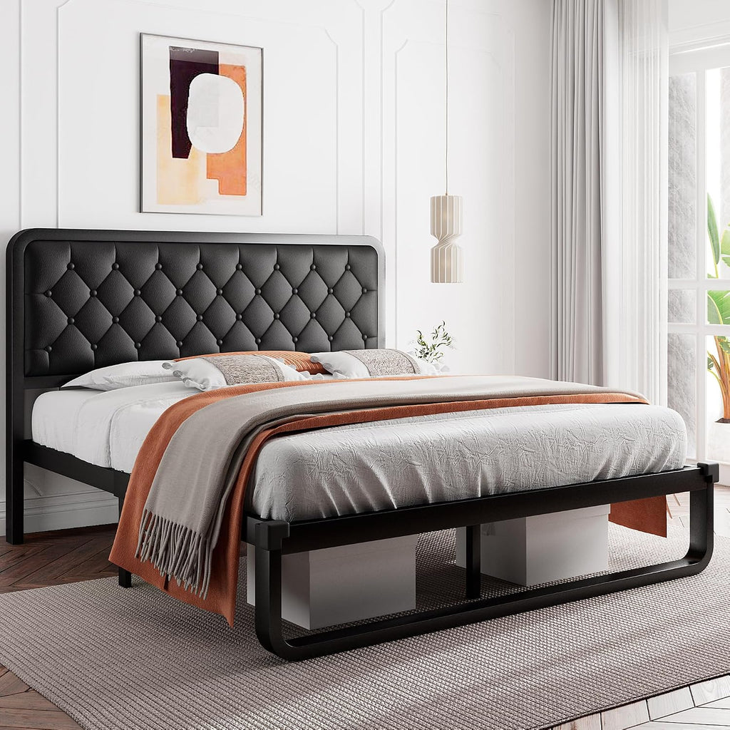 iPormis Queen Bed Frame with Headboard Faux Leather Upholstered Bed Frame Platform, All Metal Slats Support Platform Bed Frame with 12' Under Bed Space, Noise Free, No Box Spring Needed, Black