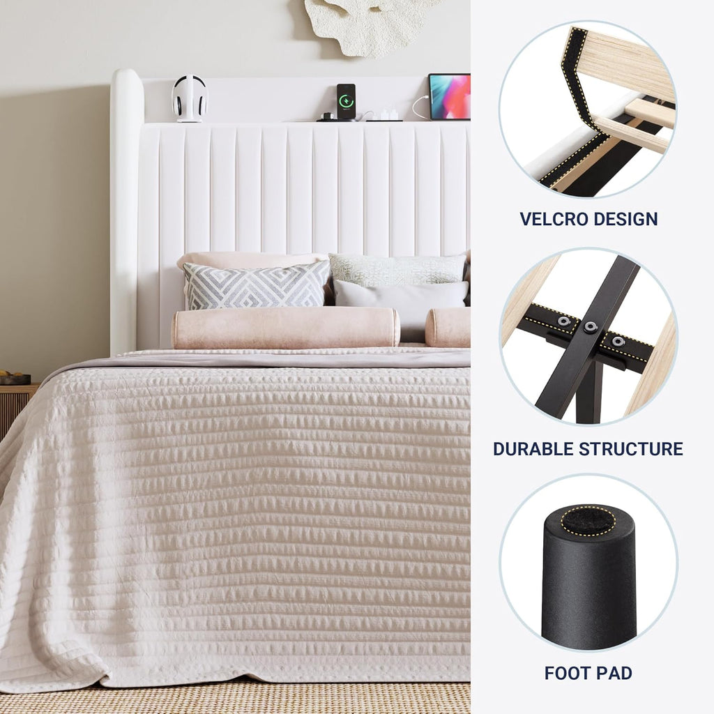 Allewie Queen Size Platform Bed Frame with USB Charging Station and Storage Shelf/Upholstered Velvet Wingback Headboard/Wooden Slats Support/No Box Spring Needed/Easy Assembly, White