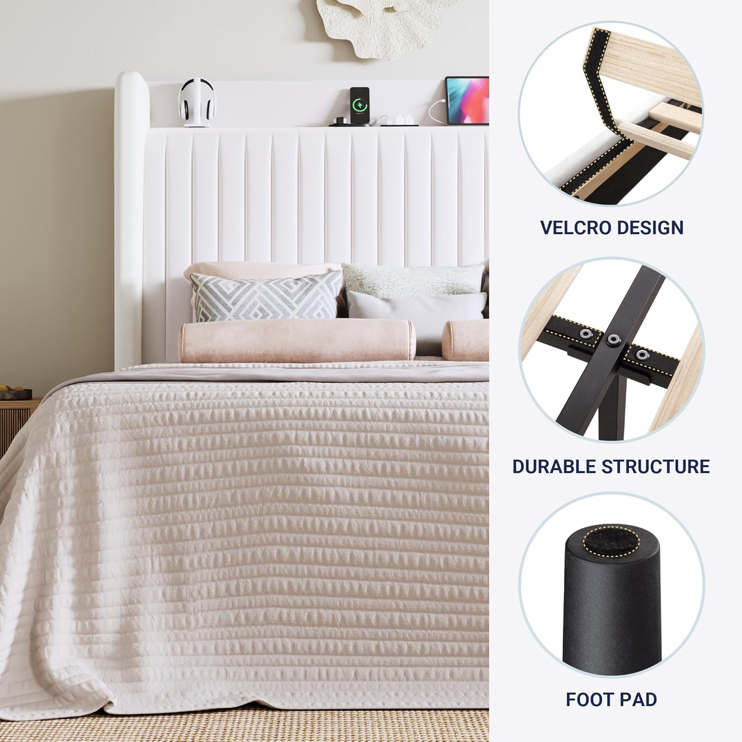 Allewie Queen Size Platform Bed Frame with USB Charging Station and Storage Shelf/Upholstered Velvet Wingback Headboard/Wooden Slats Support/No Box Spring Needed/Easy Assembly, White