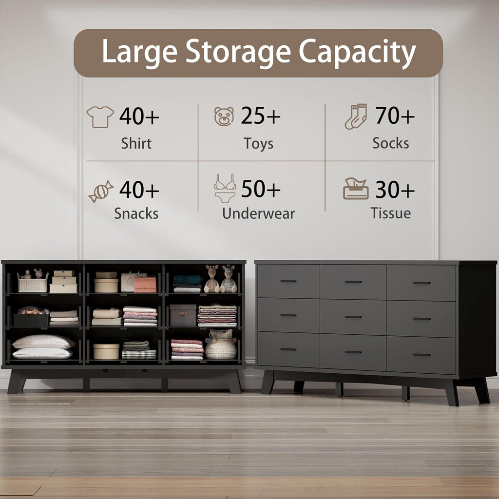 Xixini Dresser for Bedroom, Wide Wood 9 Drawer Modern Chest of Drawers with X-Shaped Sturdy Base, Double Dresser Closet Clothes Storage Organizer, Wooden TV Stand for Living Room, Hallway, Black