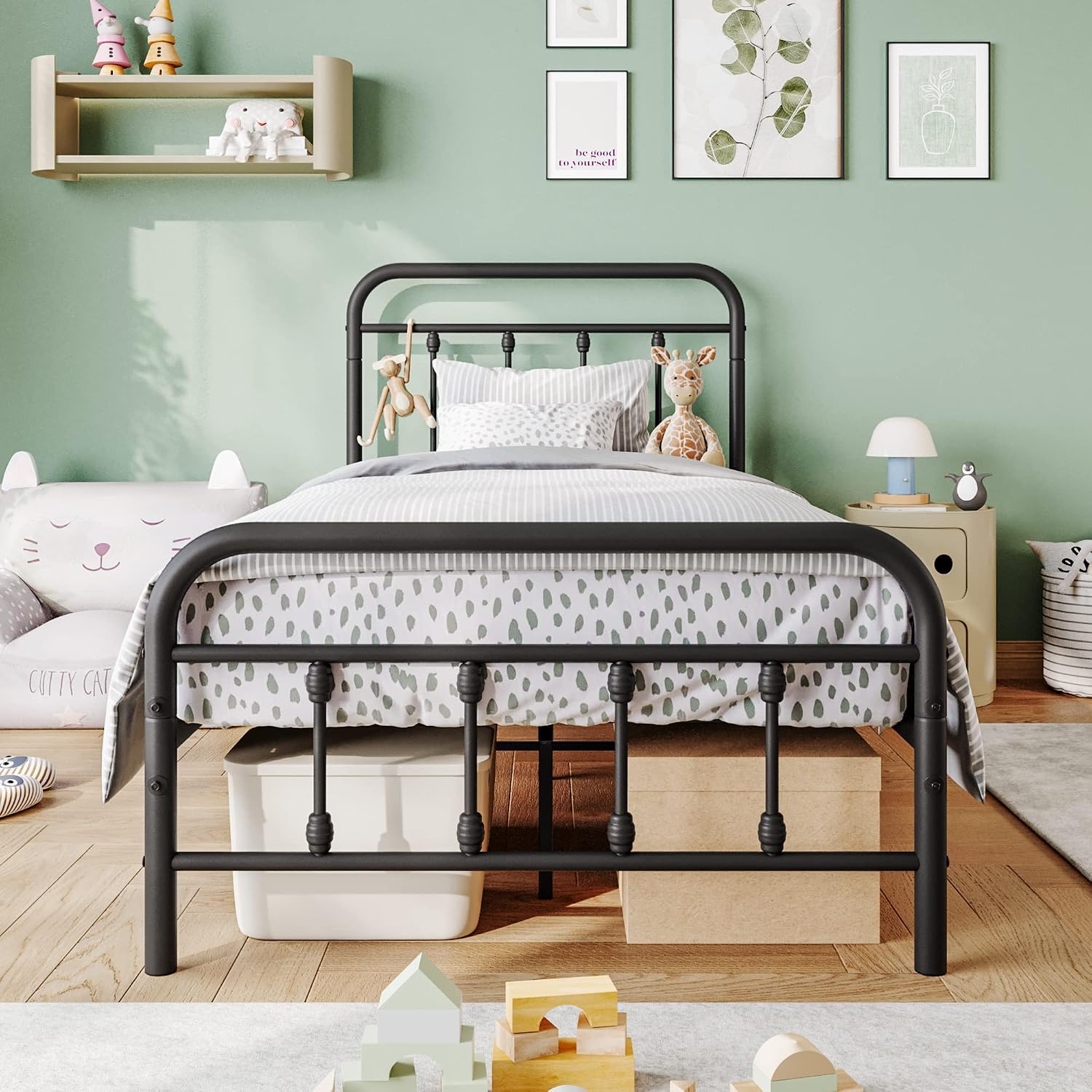 Vintage Twin Size Bed Frame with Headboard and Footboard Mattress Heavy Duty Metal Platform, Steel Slat Support (Twin, Black Sanded)