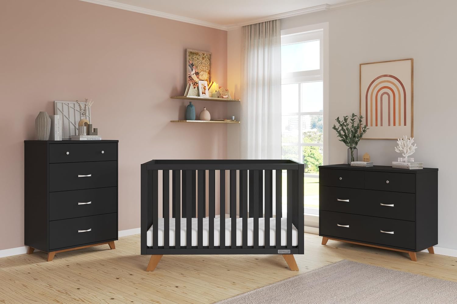 Child Craft Soho Design 4-in-1 Convertible Baby Crib Nursery Furniture Set - Baby Bed, 3 Drawer Dresser, Chest Drawer and Nightstand Desk for Babies, Toddlers and Kids (4 Piece - Ebony)