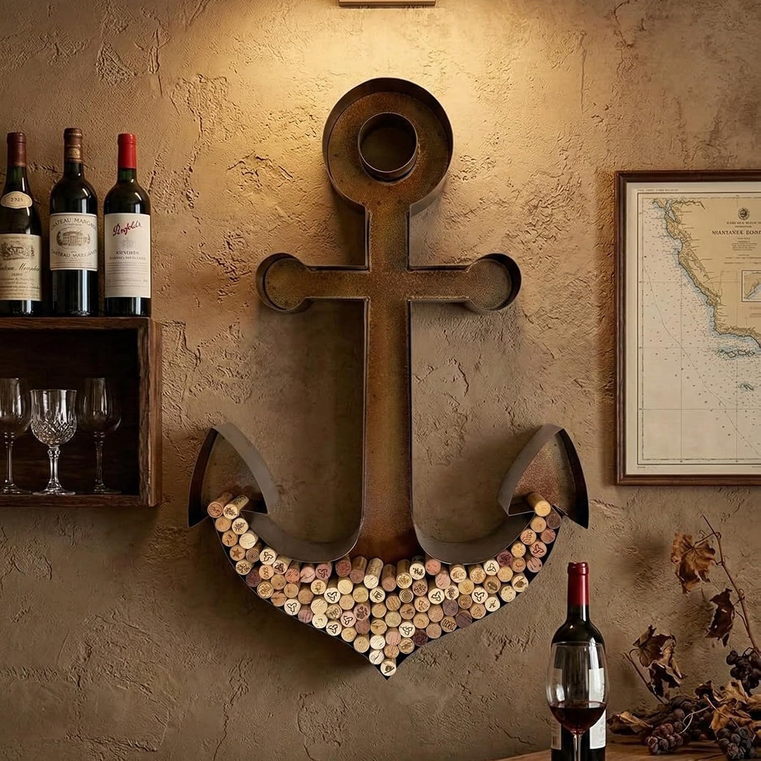 NEONSİGN Anchor Wine Cork Holder Sign Wall Decor – Nautical Metal Wall Art for Kitchen, Bar, or Dining Room (Black, 18x13 inches)