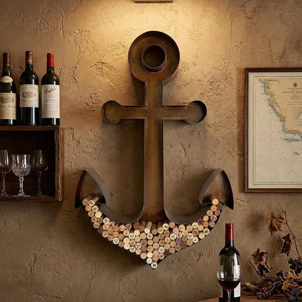 NEONSİGN Anchor Wine Cork Holder Sign Wall Decor – Nautical Metal Wall Art for Kitchen, Bar, or Dining Room (Brown, 18x13 inches)