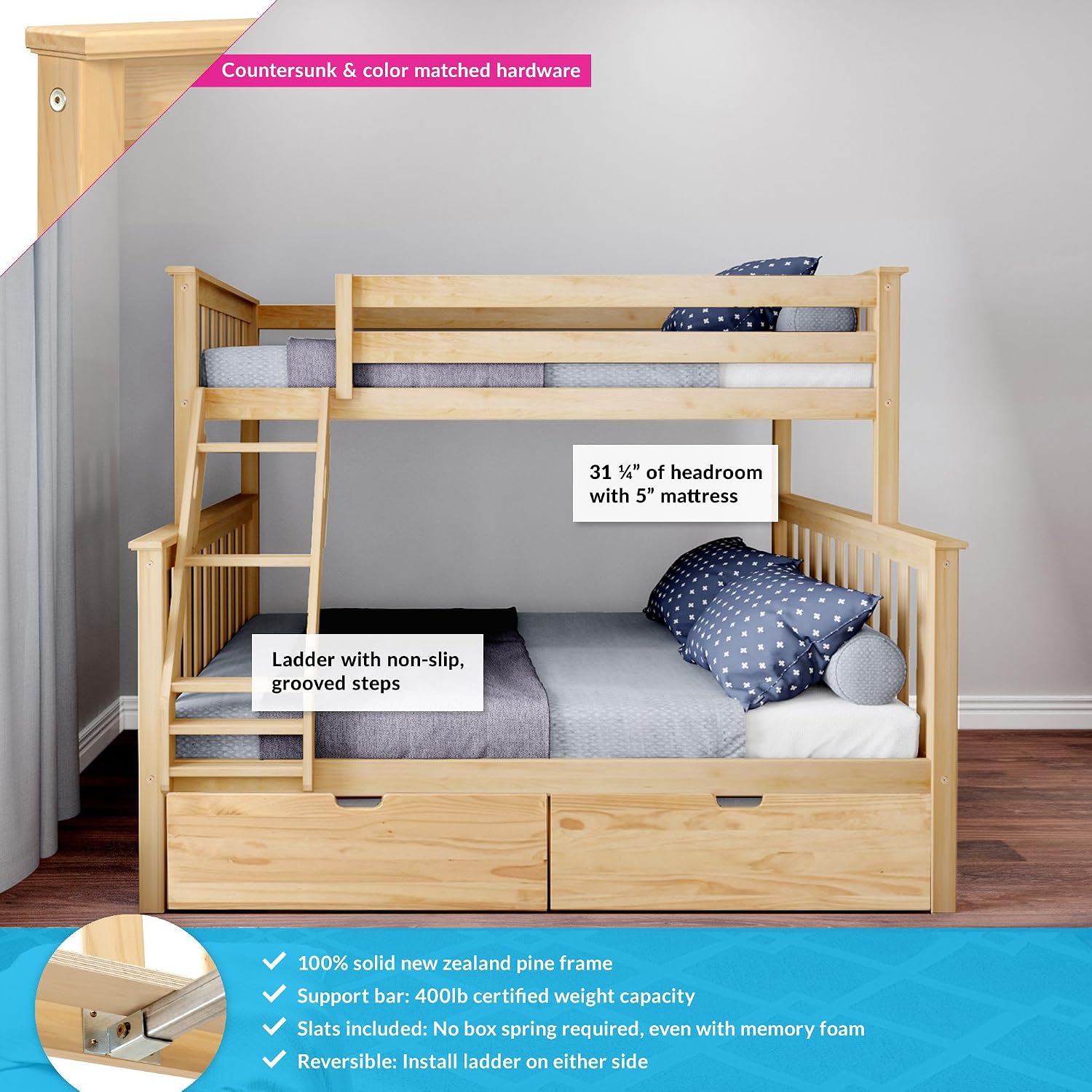 Max & Lily Classic Twin Over Full Bunk Bed, with Storage Drawers, Natural
