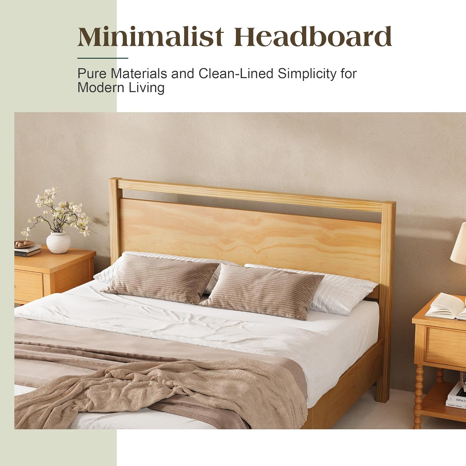 AMERLIFE Queen Size Solid Wood Bed Frame with Headboard, Minimalist Platform Bed with Wood Slats Support/No Box Spring Needed/Easy Assembly/Noise-Free, Natural