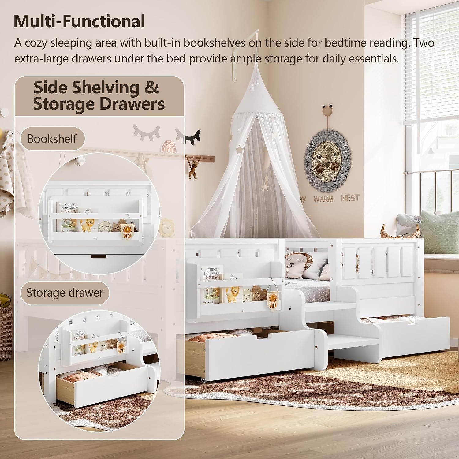 Bellemave Full Size Bed with Slats and Stairs, Full Size Platform Bed Frame with Fence, Bookshelf and Storage Drawers, Easy Assemble Beds for Kids, Girls, Boys, White
