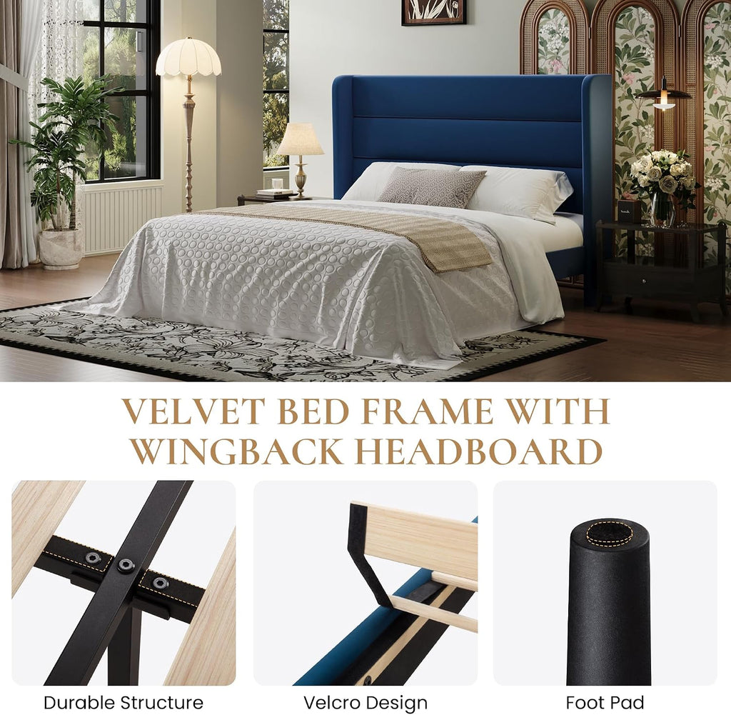 SHA CERLIN Full Size Velvet Bed Frame with Wingback Headboard/Upholstered Platform Bed with Wooden Slats/Mattress Foundation/No Box Spring Needed/Easy Assembly/Blue