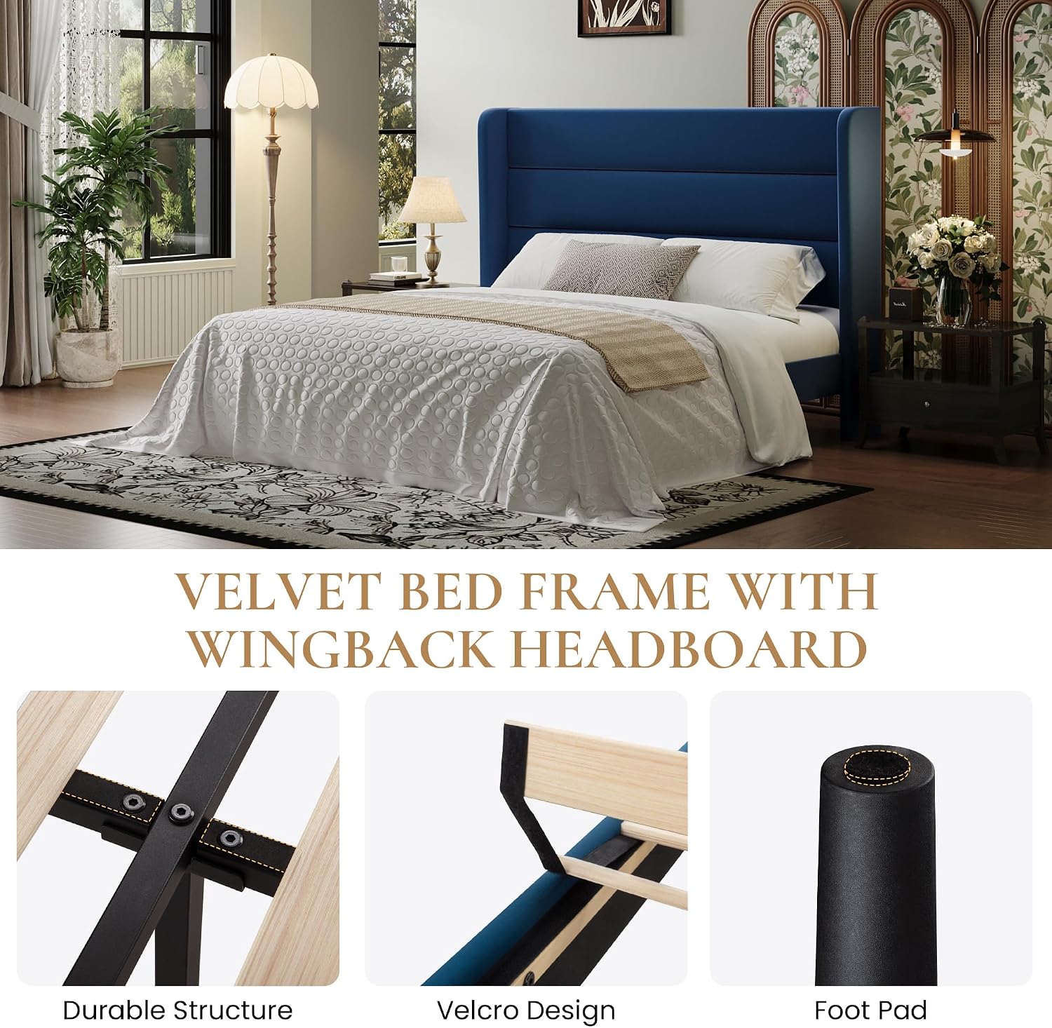 SHA CERLIN Full Size Velvet Bed Frame with Wingback Headboard/Upholstered Platform Bed with Wooden Slats/Mattress Foundation/No Box Spring Needed/Easy Assembly/Blue